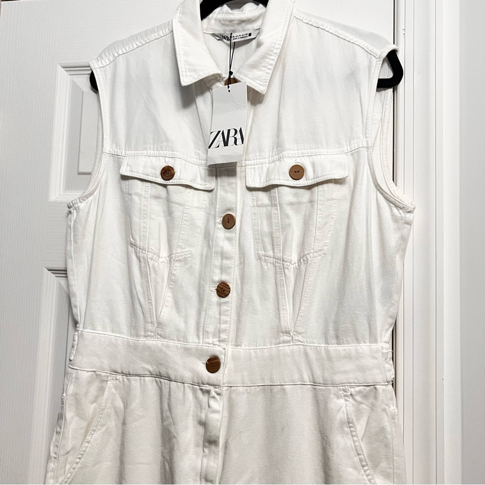 ZARA Cotton White Sleeveless Barrel Let Utility Jumpsuit • XL NWT - Picture 10 of 11